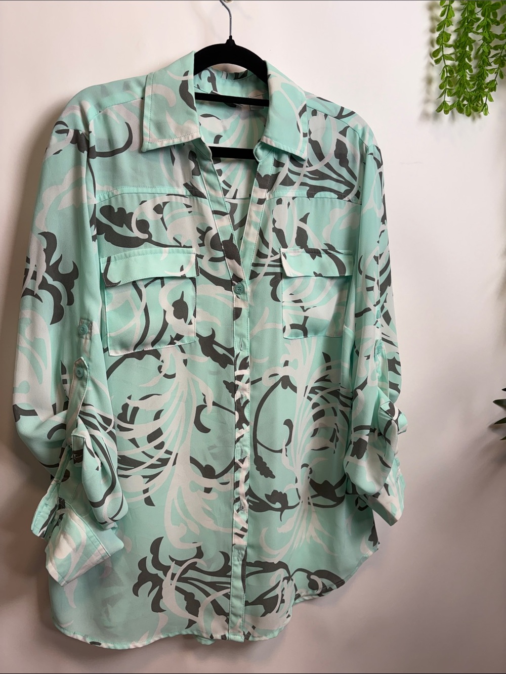 New York & Company Mint Green and Gray Printed Button-Down Shirt